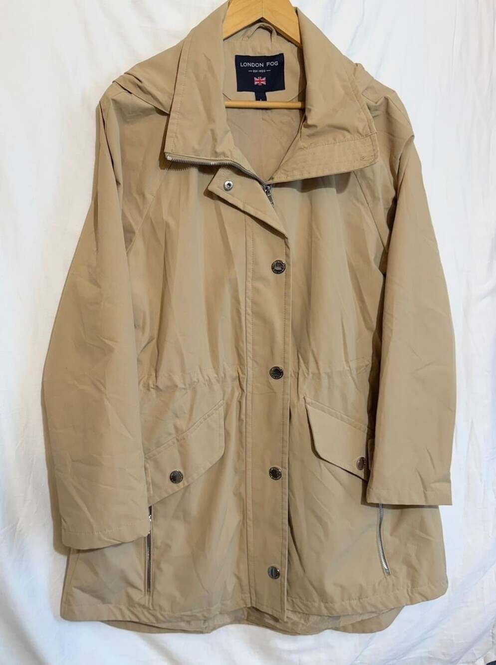 London Fog Hooded Rain Jacket Size L Khaki Beige Trench Coat Parka